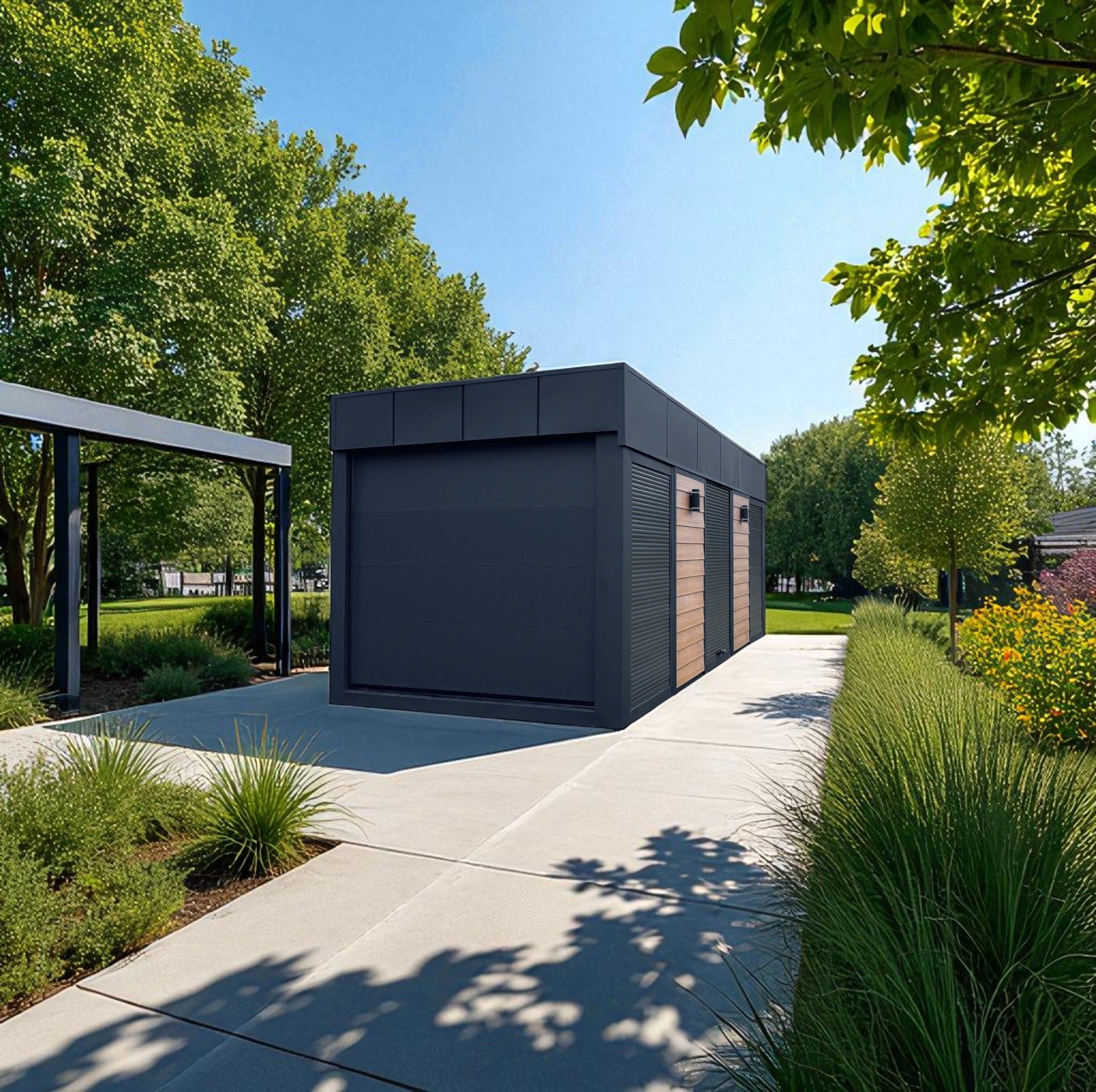Le Module Design de Maison Innov associe lignes épurées et matériaux haut de gamme.
Son revêtement bois et métal noir crée un look moderne et intemporel, idéal pour un bureau, un atelier ou un studio indépendant dans le jardin.