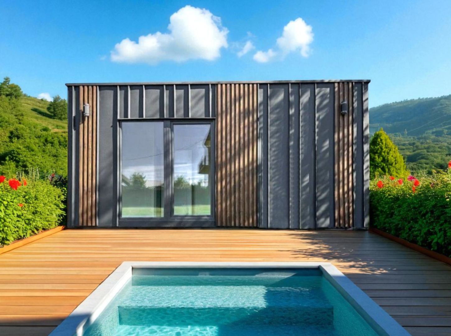 Le Pool House Provence par Maison Innov incarne la fusion parfaite entre design minimaliste et confort estival.
Sa structure compacte et élégante s’ouvre sur un espace paysager raffiné, avec piscine, terrasse et mobilier d’extérieur.
Les matériaux nobles — bardage bois et finitions métalliques anthracite — confèrent à ce bungalow une allure à la fois chaleureuse et contemporaine.
Conçu pour les amoureux du plein air, ce pool house devient une extension naturelle de la maison, propice à la relaxation, à la c