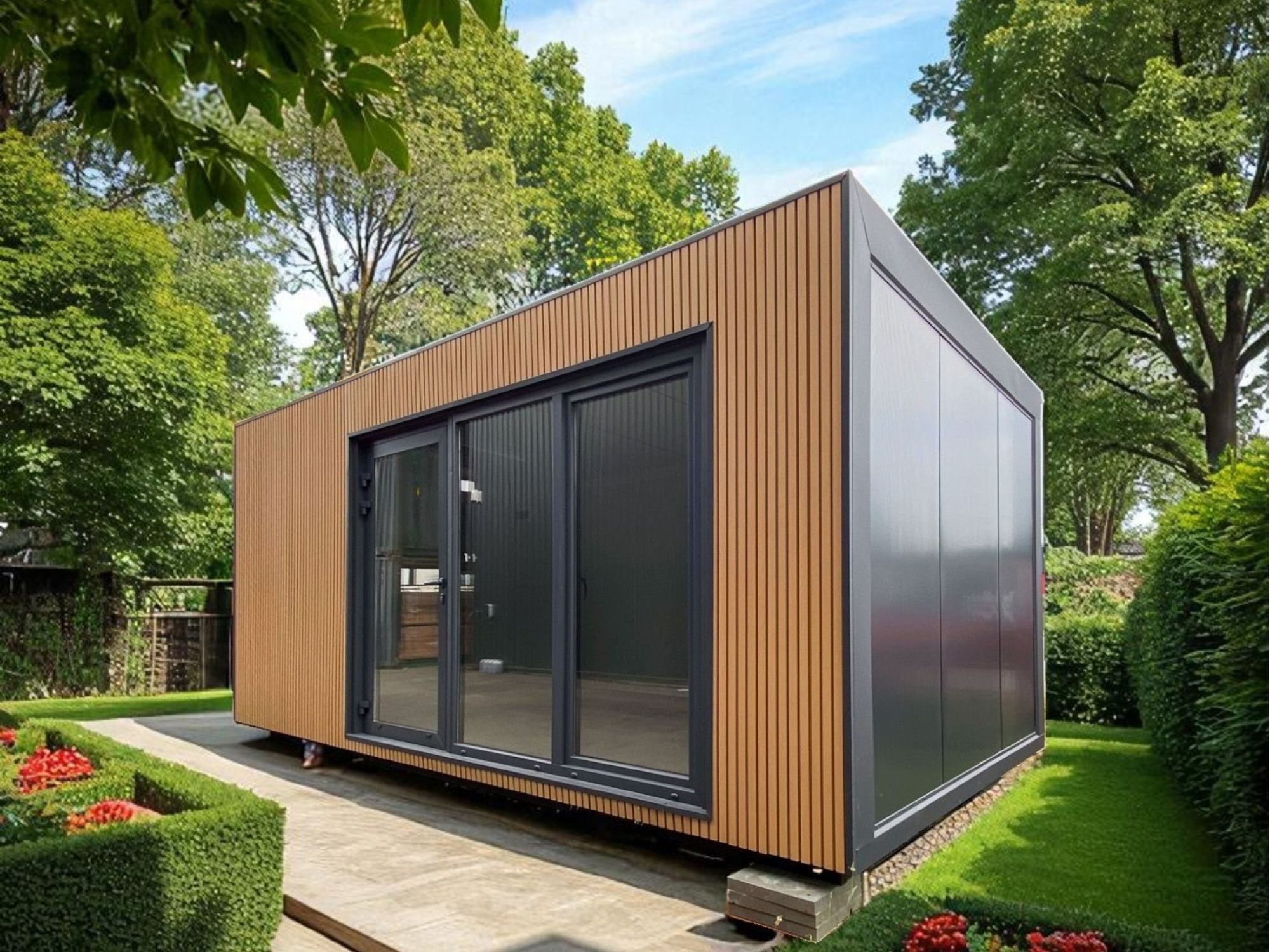 Un module contemporain en bois et aluminium, parfaitement intégré dans le jardin. Son design épuré et sa grande baie vitrée offrent un espace lumineux, idéal pour travailler, créer ou se détendre au cœur de la nature.