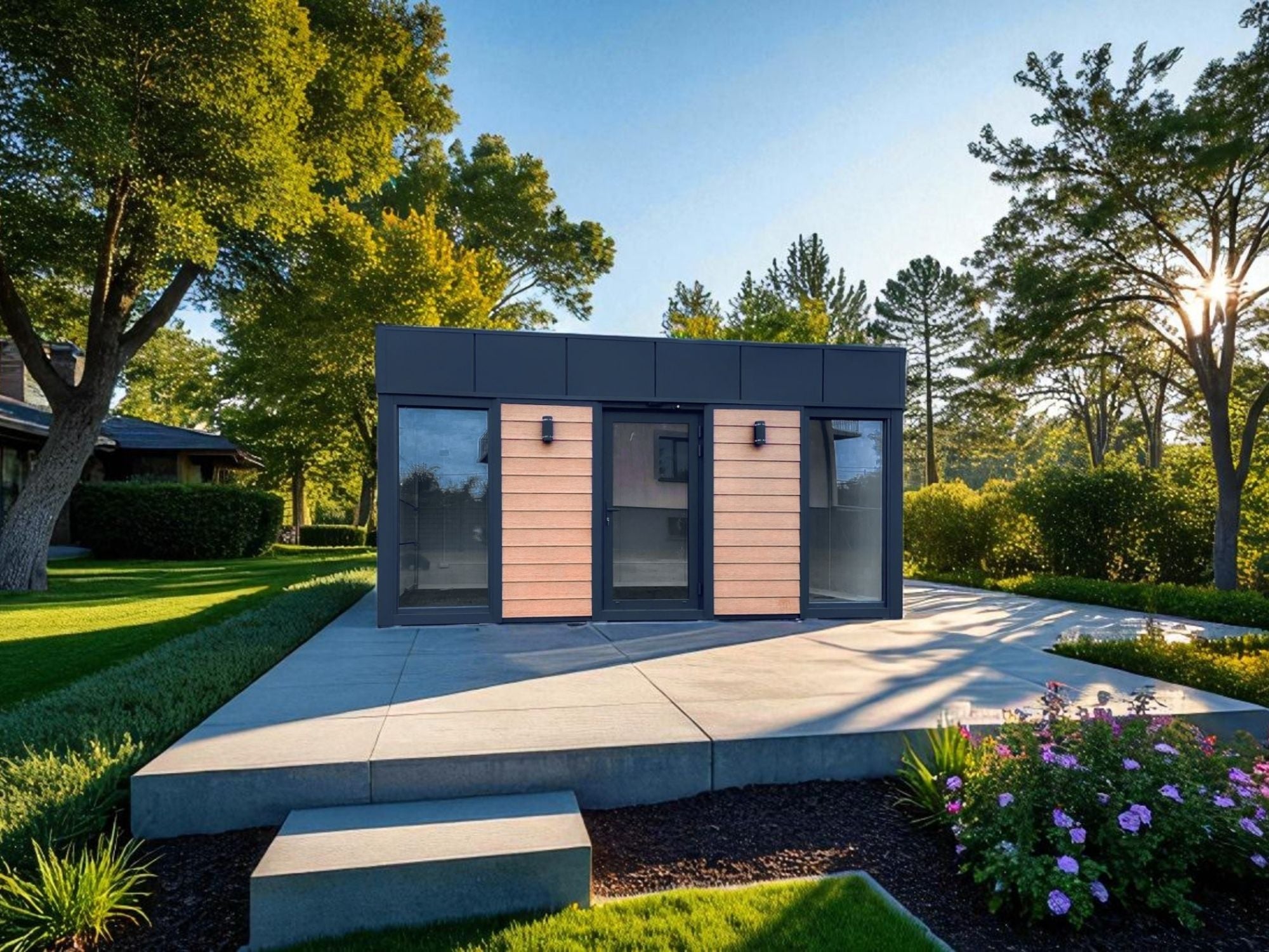 Le Module Lille de Maison Innov séduit par son design cubique et épuré, alliant bardage bois clair et finitions anthracite.
Idéal comme bureau, studio ou espace détente, il s’intègre parfaitement dans un jardin moderne et verdoyant.